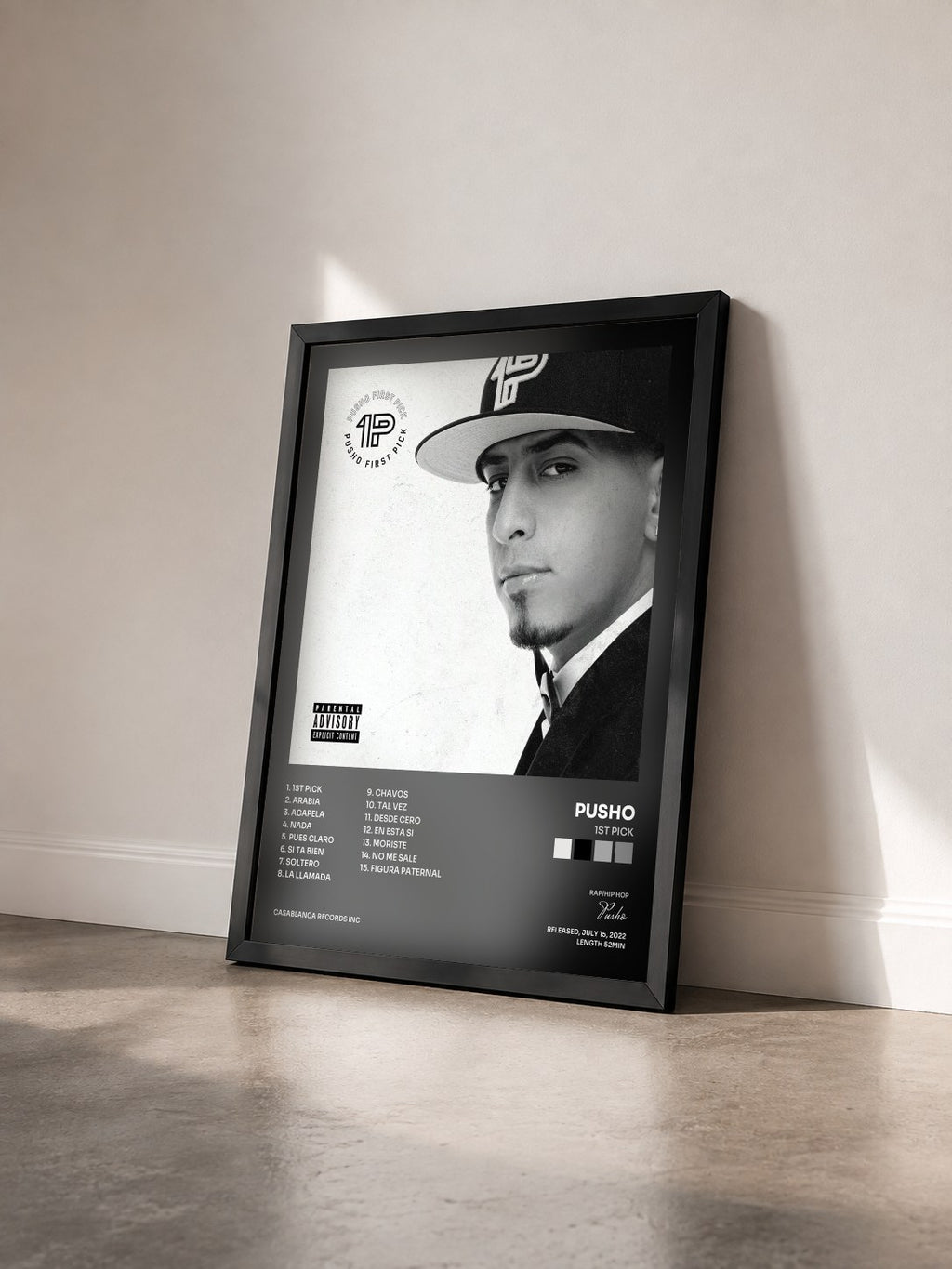 #noir Tableau de l'album 1ST PICK de Pusho vu de trois quarts, cadre noir