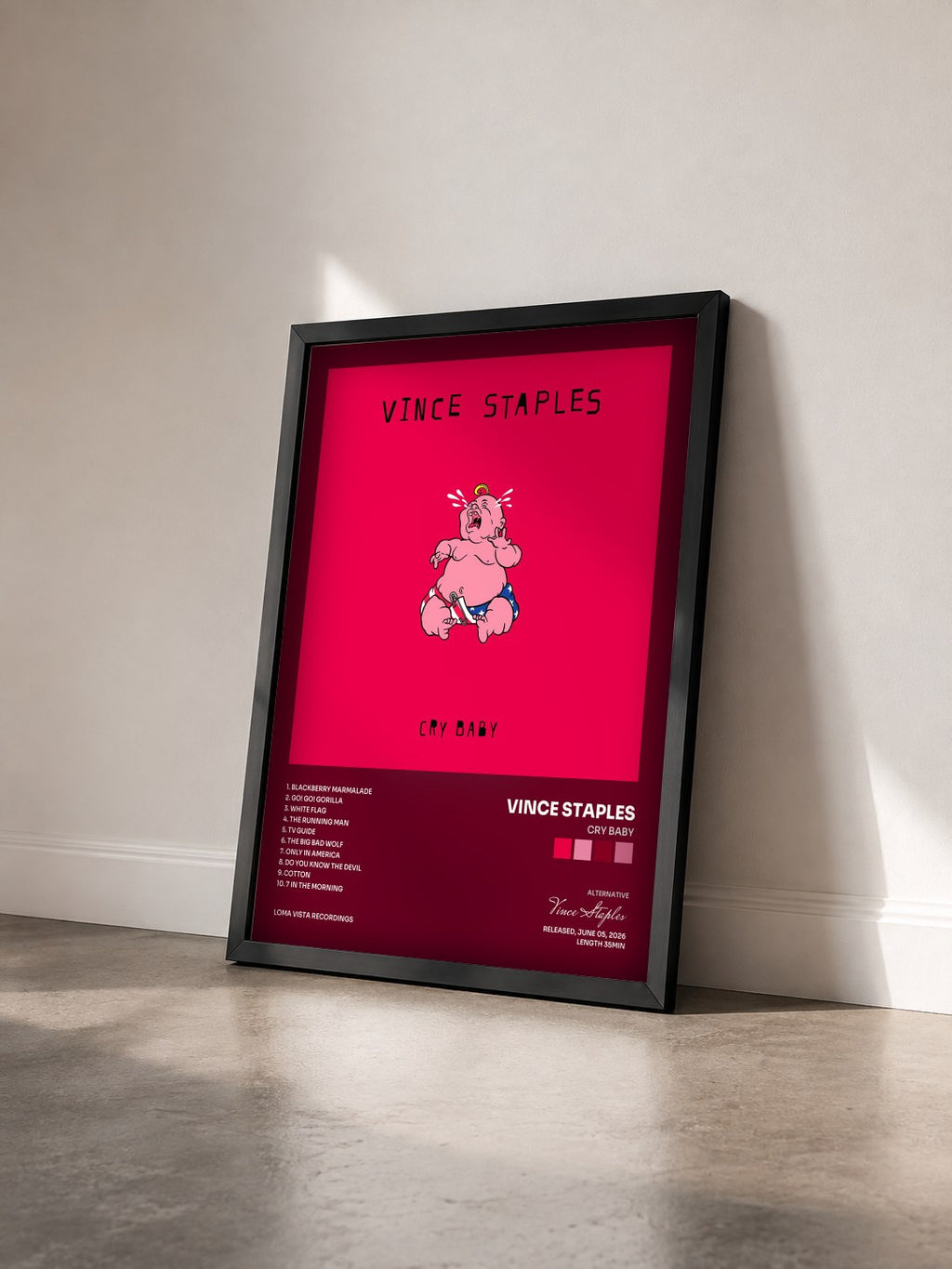 #noir Tableau de l'album Cry Baby de Vince Staples vu de trois quarts, cadre noir
