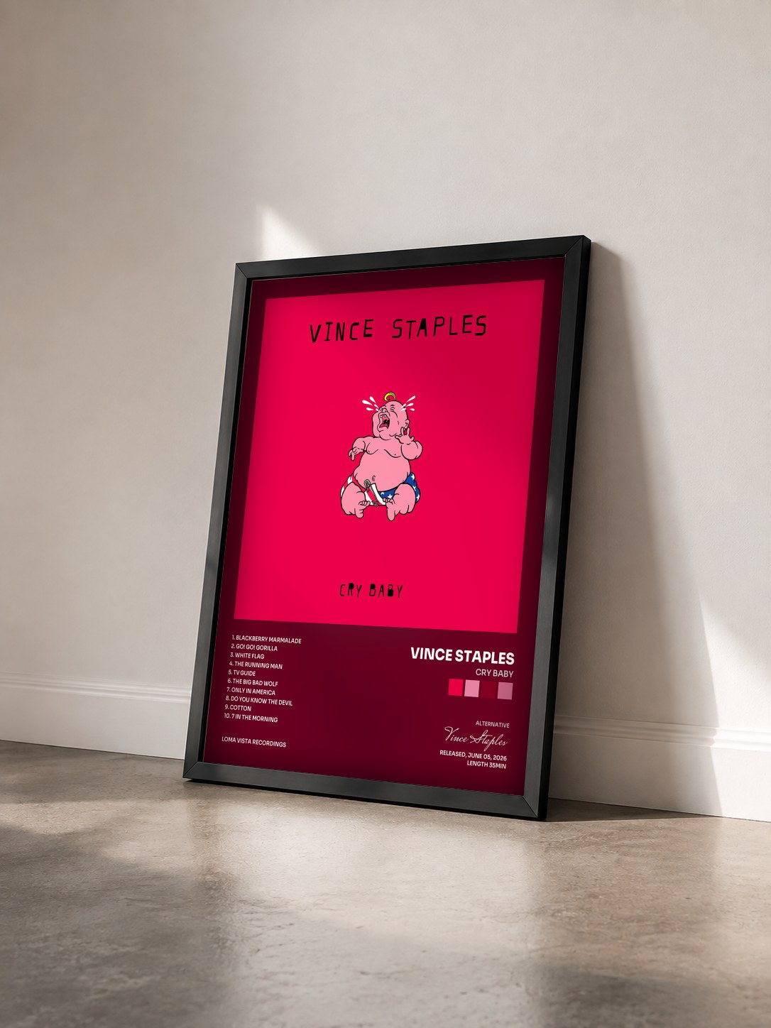 #noir Tableau de l'album Cry Baby de Vince Staples vu de trois quarts, cadre noir
