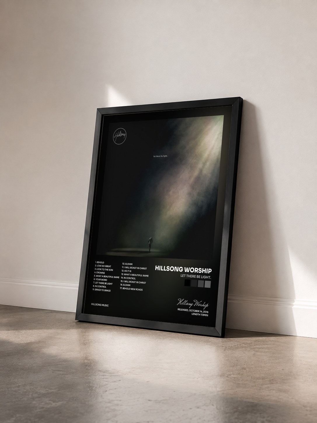 #noir Tableau de l'album let there be light. de Hillsong Worship vu de trois quarts, cadre noir