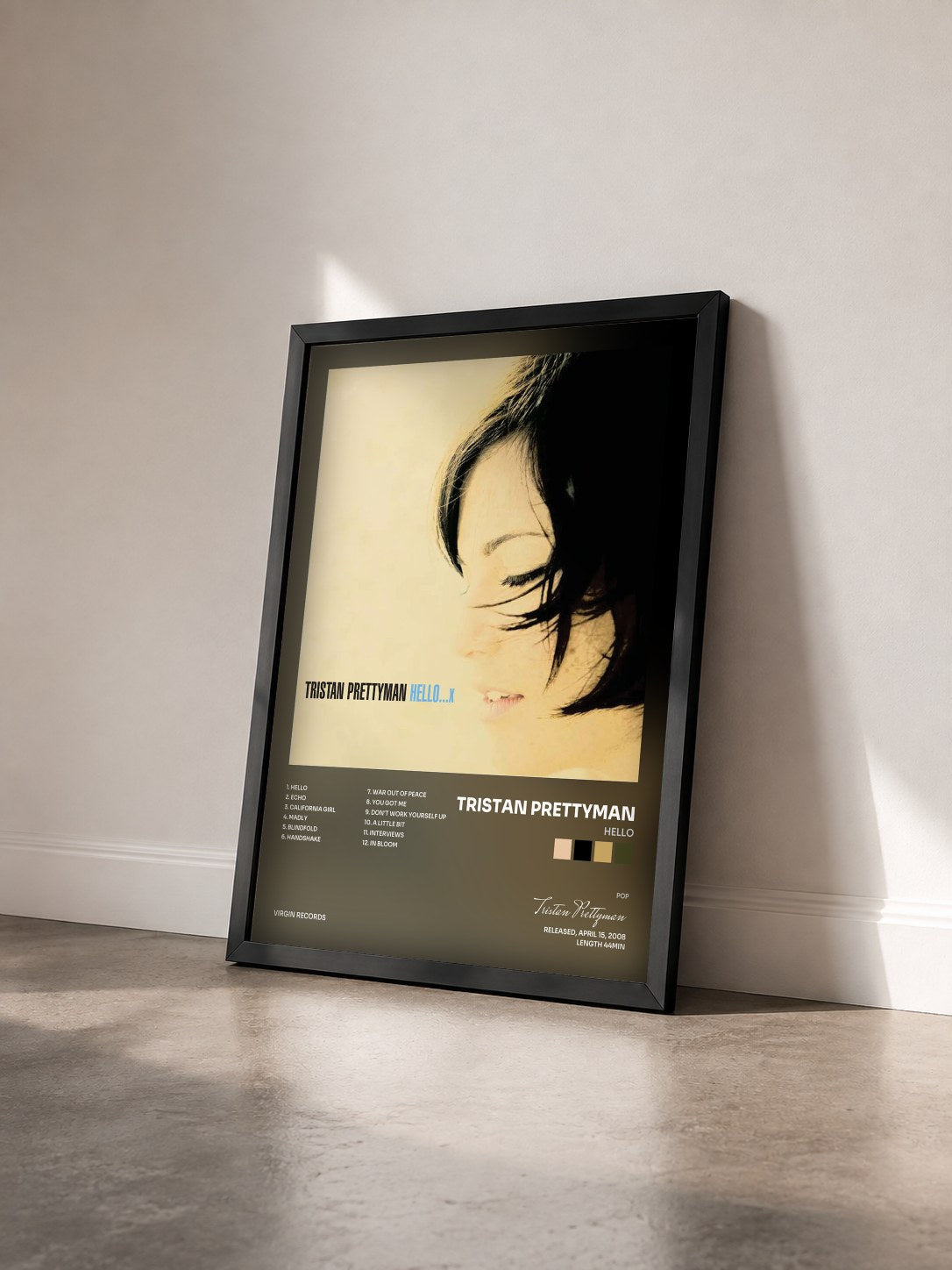 #noir Tableau de l'album Hello de Tristan Prettyman vu de trois quarts, cadre noir
