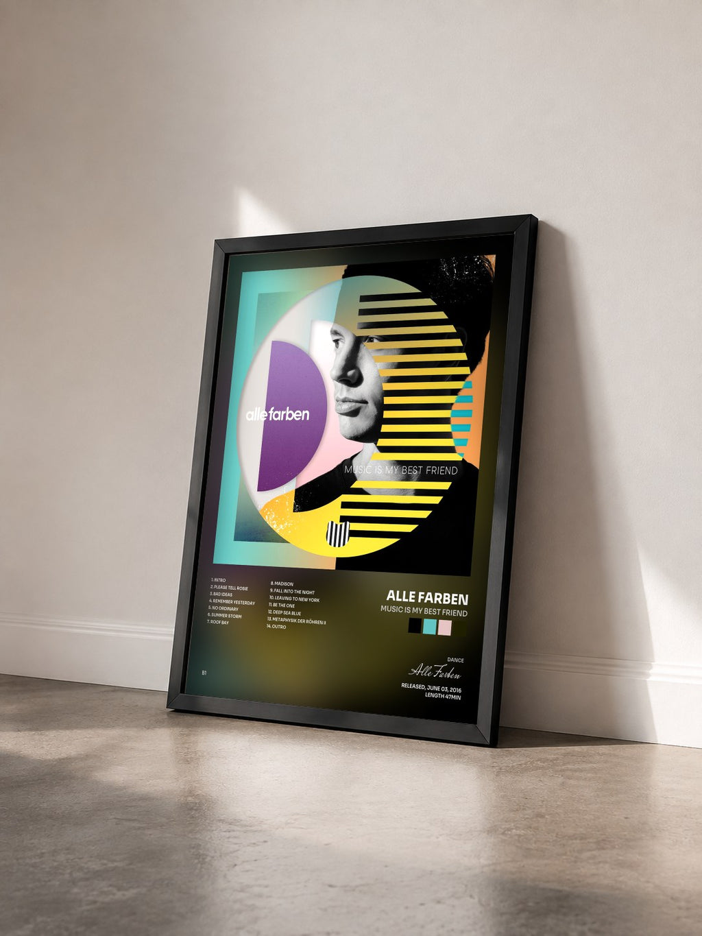 #noir Tableau de l'album Music Is My Best Friend de Alle Farben vu de trois quarts, cadre noir