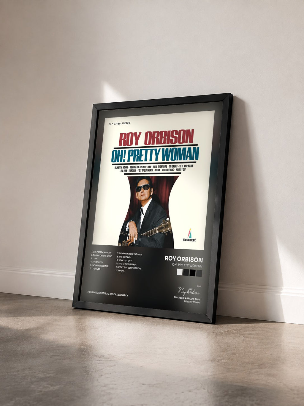 #noir Tableau de l'album Oh, Pretty Woman de Roy Orbison vu de trois quarts, cadre noir