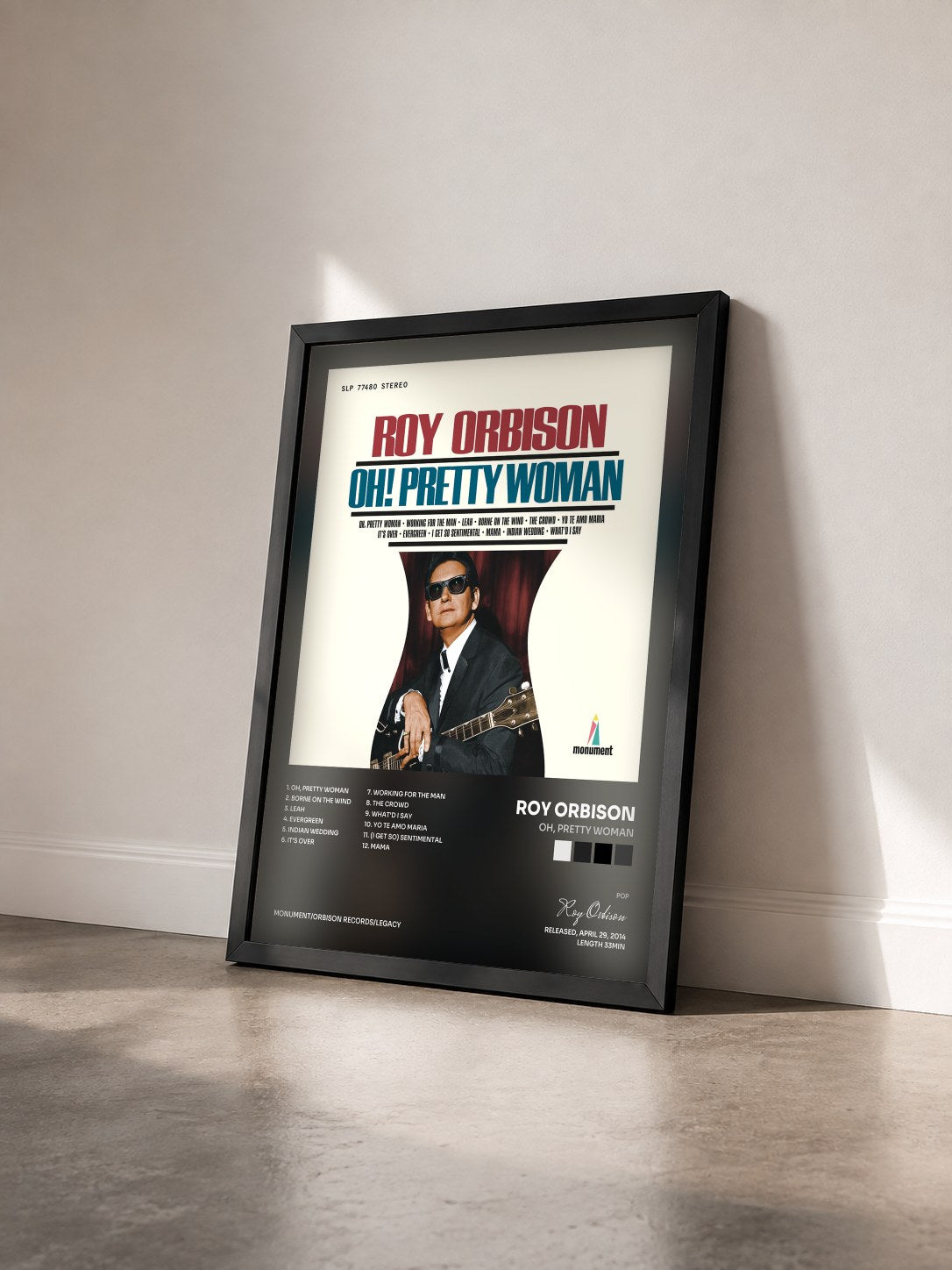 #noir Tableau de l'album Oh, Pretty Woman de Roy Orbison vu de trois quarts, cadre noir