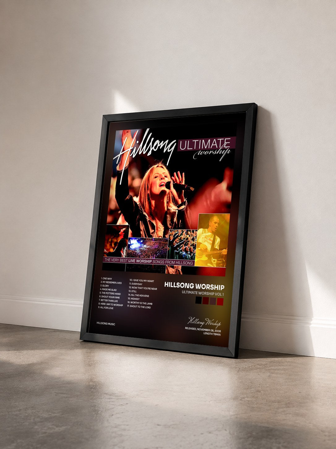 #noir Tableau de l'album Ultimate Worship Vol 1 de Hillsong Worship vu de trois quarts, cadre noir