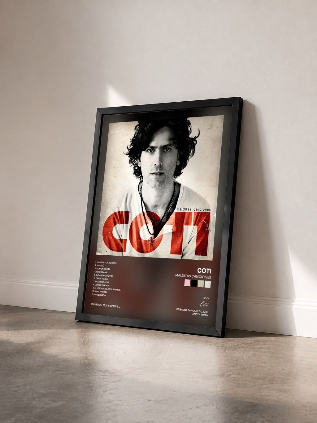 #noir Tableau de l'album Malditas Canciones de Coti vu de trois quarts, cadre noir