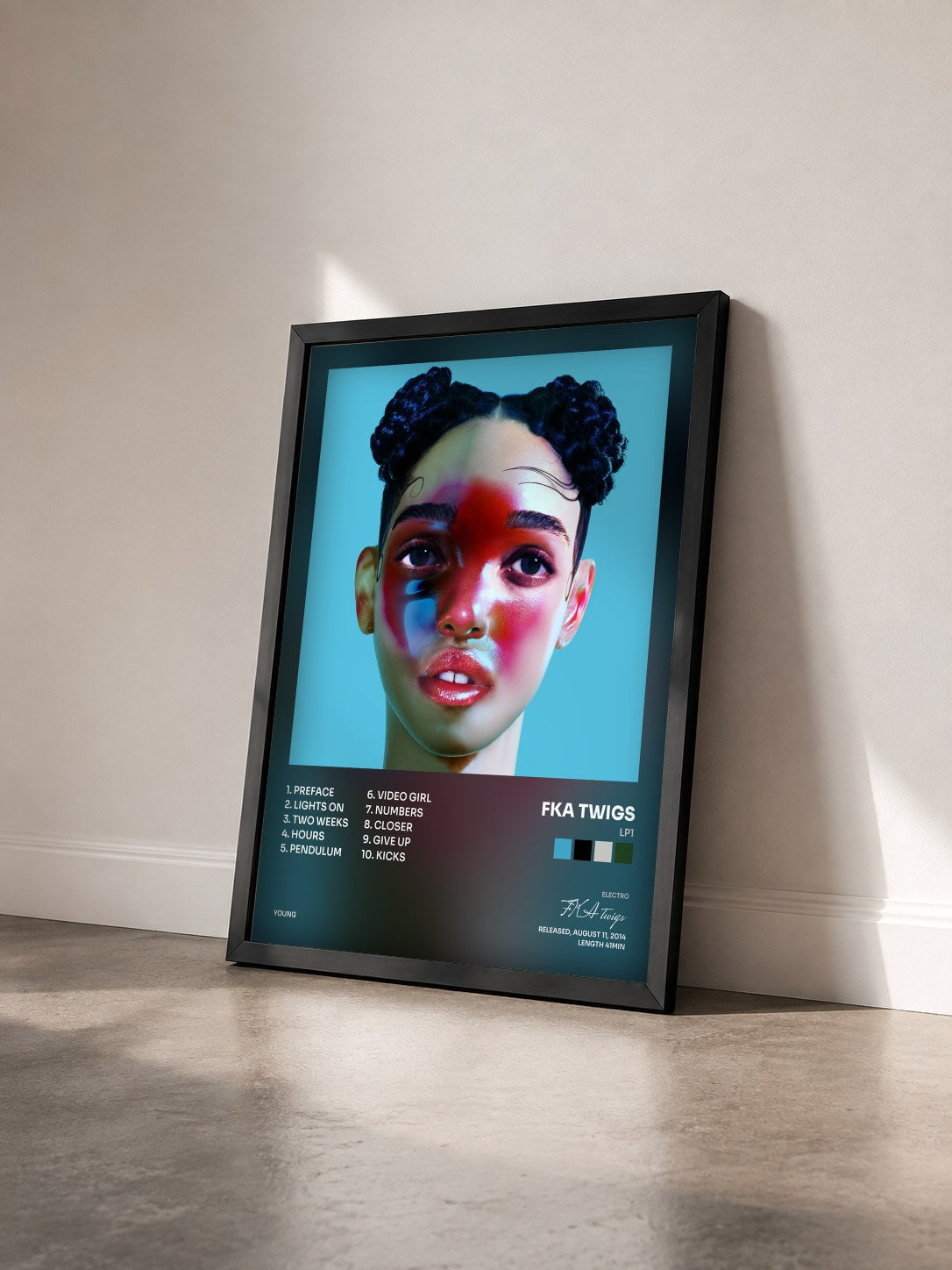 #noir Tableau de l'album LP1 de FKA twigs vu de trois quarts, cadre noir