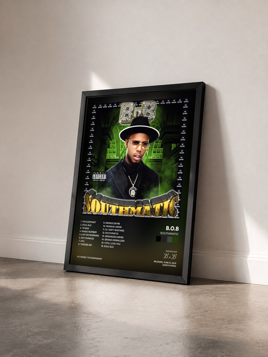 #noir Tableau de l'album Southmatic de B.o.B vu de trois quarts, cadre noir