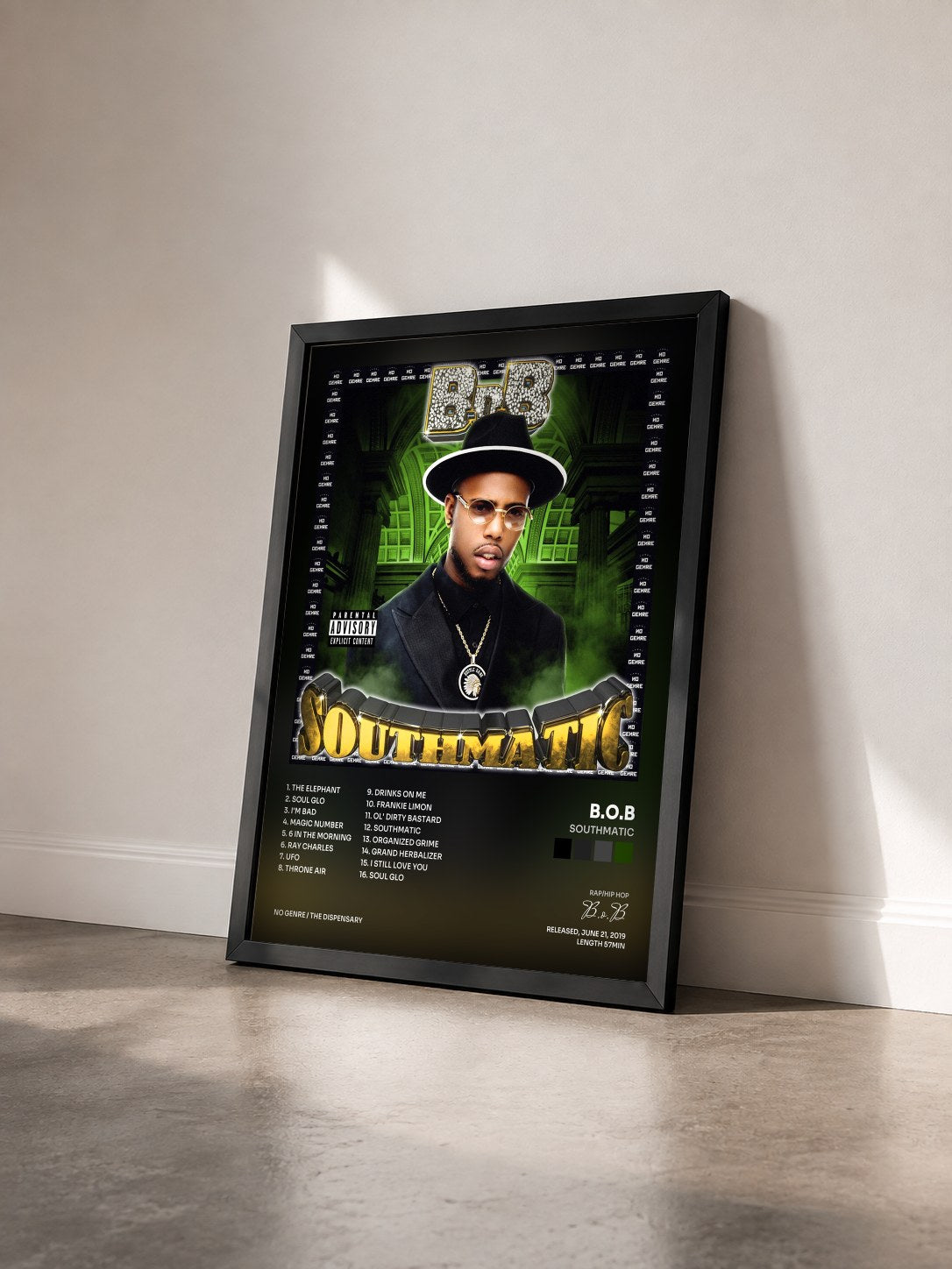#noir Tableau de l'album Southmatic de B.o.B vu de trois quarts, cadre noir