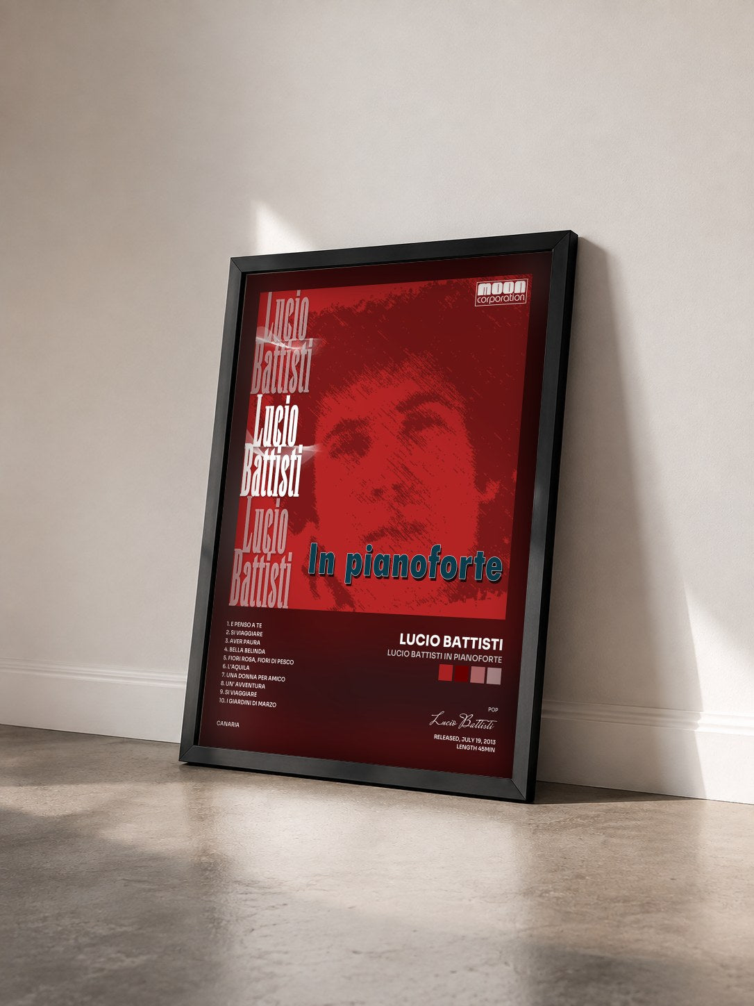 #noir Tableau de l'album Lucio Battisti in pianoforte de Lucio Battisti vu de trois quarts, cadre noir