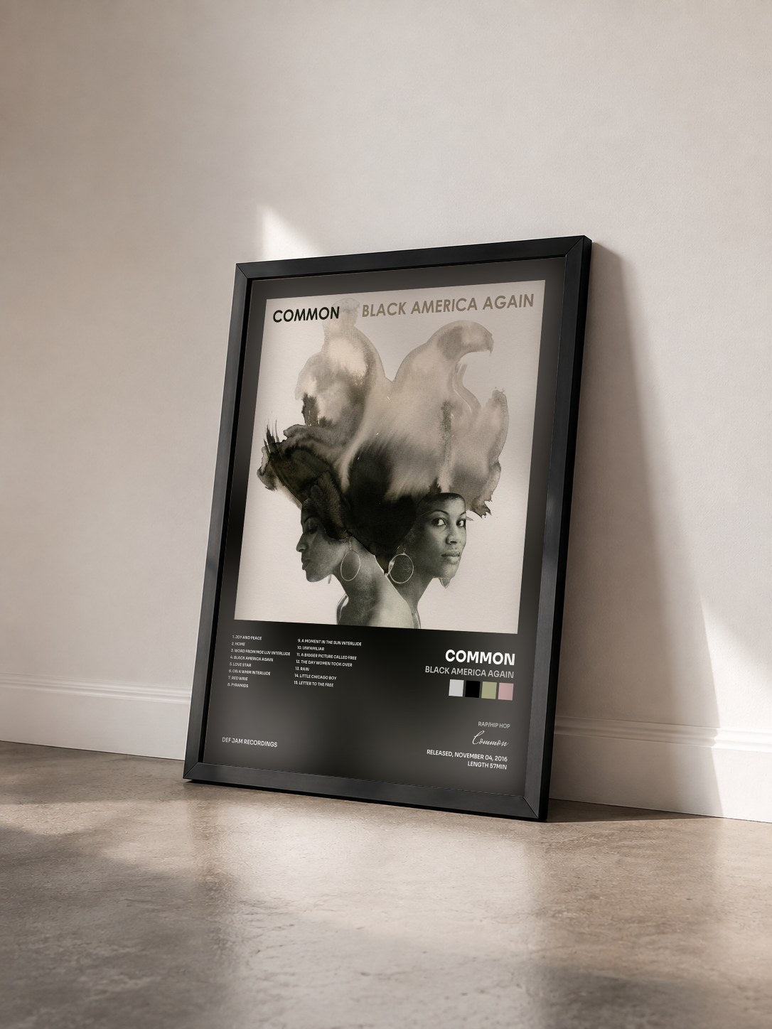 #noir Tableau de l'album Black America Again de Common vu de trois quarts, cadre noir
