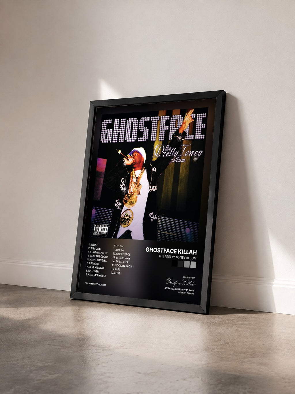 #noir Tableau de l'album The Pretty Toney Album de Ghostface Killah vu de trois quarts, cadre noir