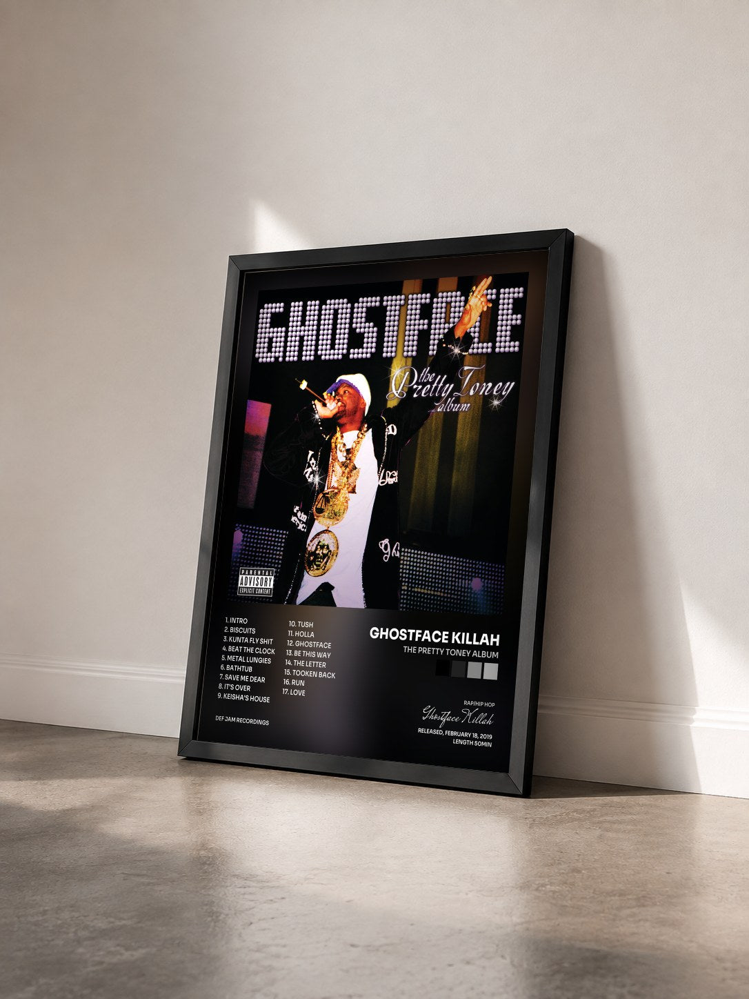 #noir Tableau de l'album The Pretty Toney Album de Ghostface Killah vu de trois quarts, cadre noir