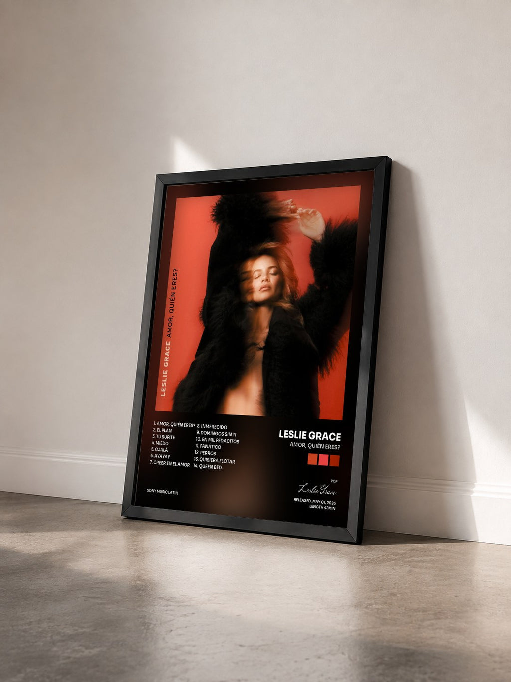 #noir Tableau de l'album AMOR, QUIÉN ERES? de Leslie Grace vu de trois quarts, cadre noir