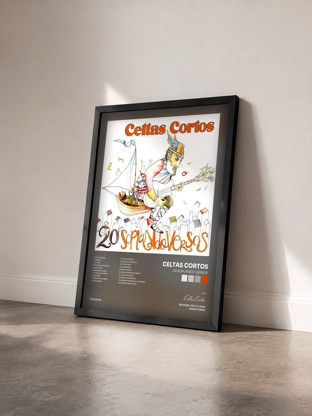 #noir Tableau de l'album 20 soplando versos de Celtas Cortos vu de trois quarts, cadre noir