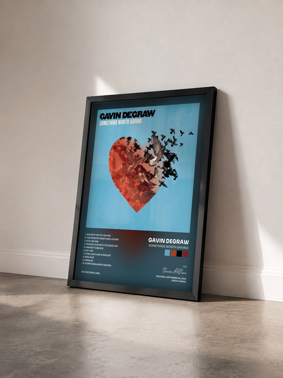 #noir Tableau de l'album Something Worth Saving de Gavin DeGraw vu de trois quarts, cadre noir