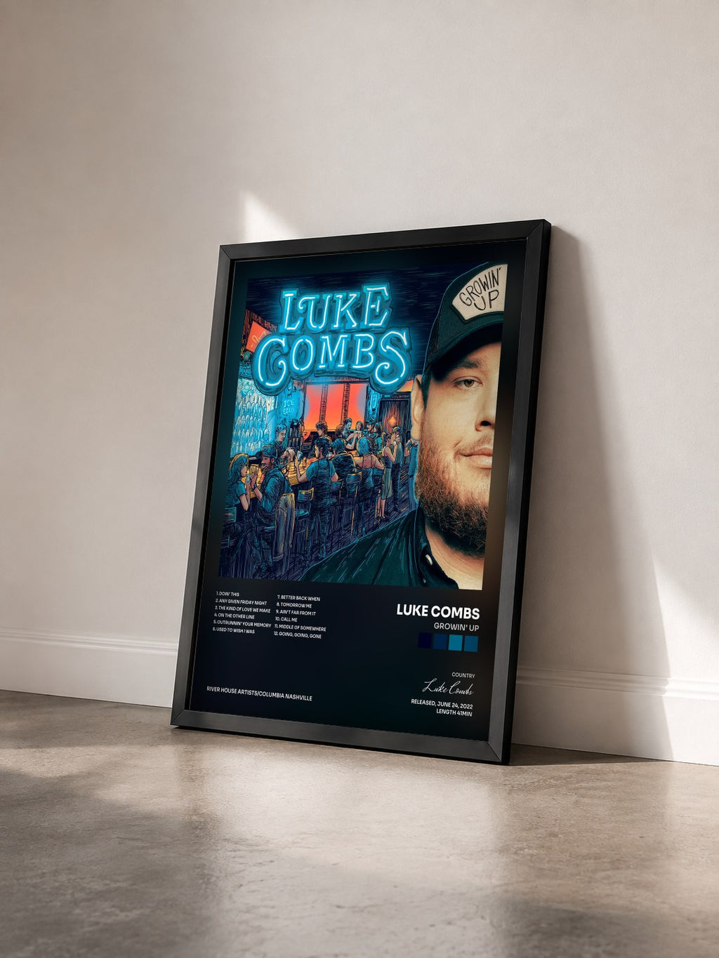 #noir Tableau de l'album Growin' Up de Luke Combs vu de trois quarts, cadre noir