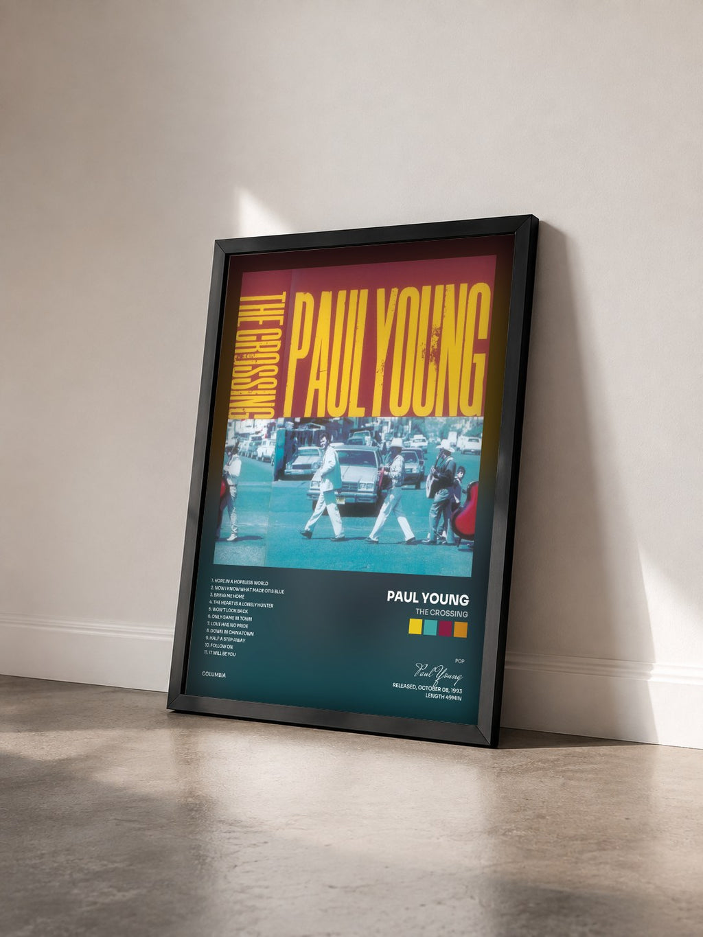 #noir Tableau de l'album THE CROSSING de Paul Young vu de trois quarts, cadre noir