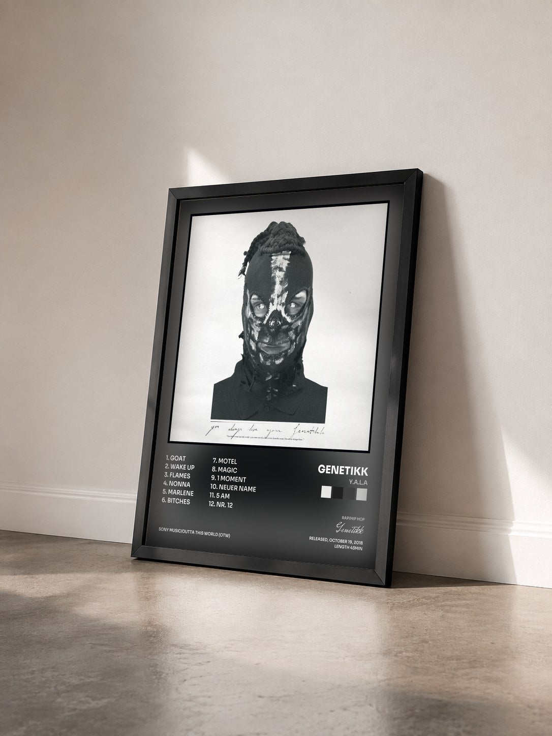 #noir Tableau de l'album Y.A.L.A de Genetikk vu de trois quarts, cadre noir
