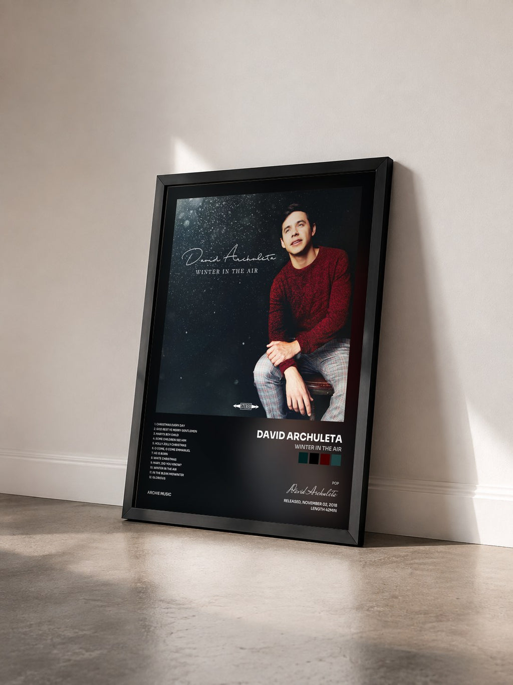 #noir Tableau de l'album Winter in the Air de David Archuleta vu de trois quarts, cadre noir
