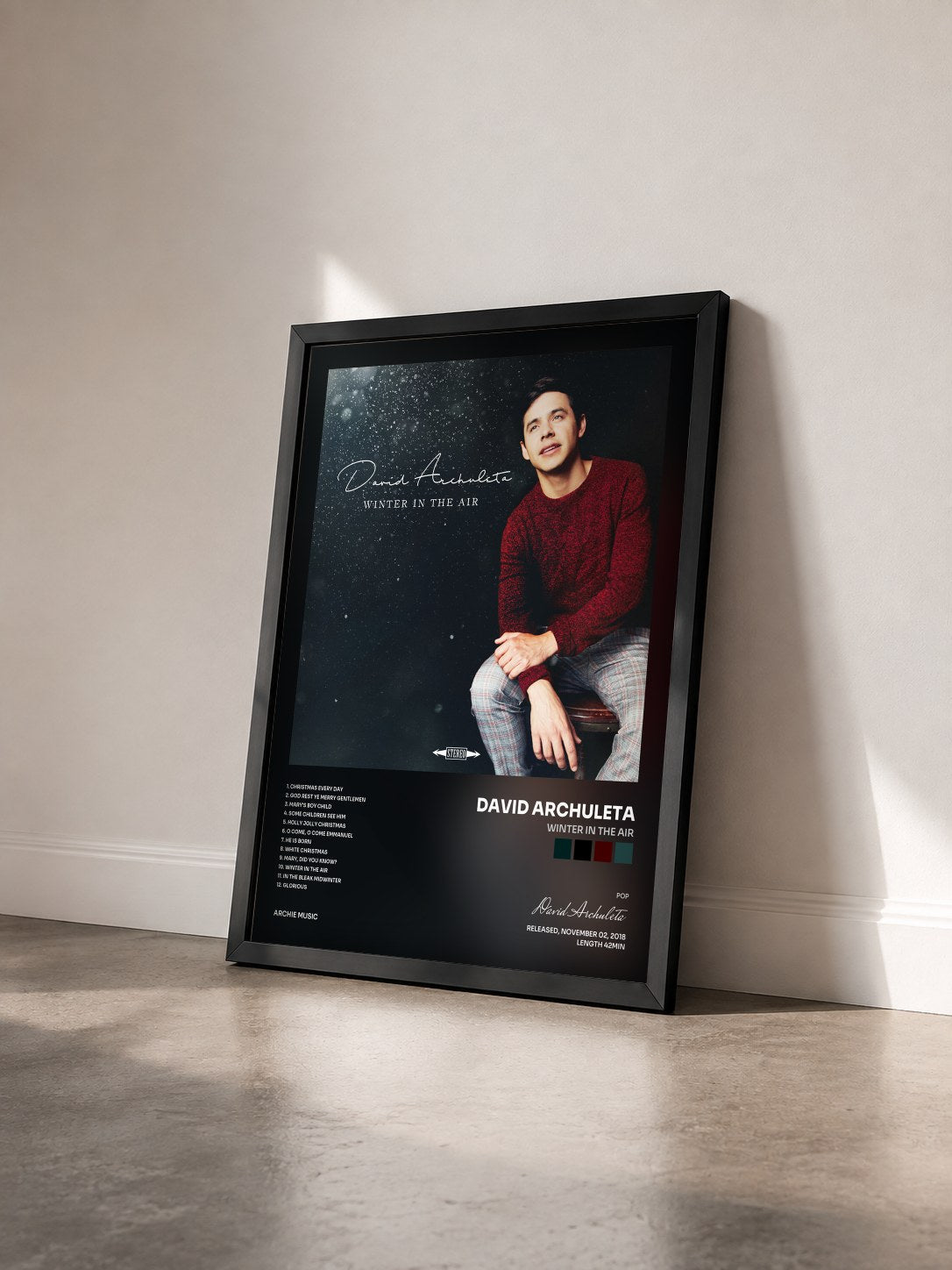#noir Tableau de l'album Winter in the Air de David Archuleta vu de trois quarts, cadre noir