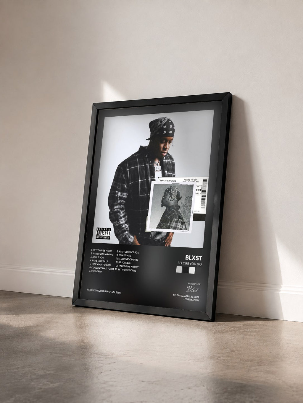 #noir Tableau de l'album Before You Go de Blxst vu de trois quarts, cadre noir