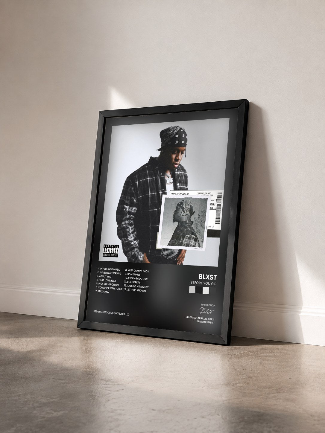 #noir Tableau de l'album Before You Go de Blxst vu de trois quarts, cadre noir