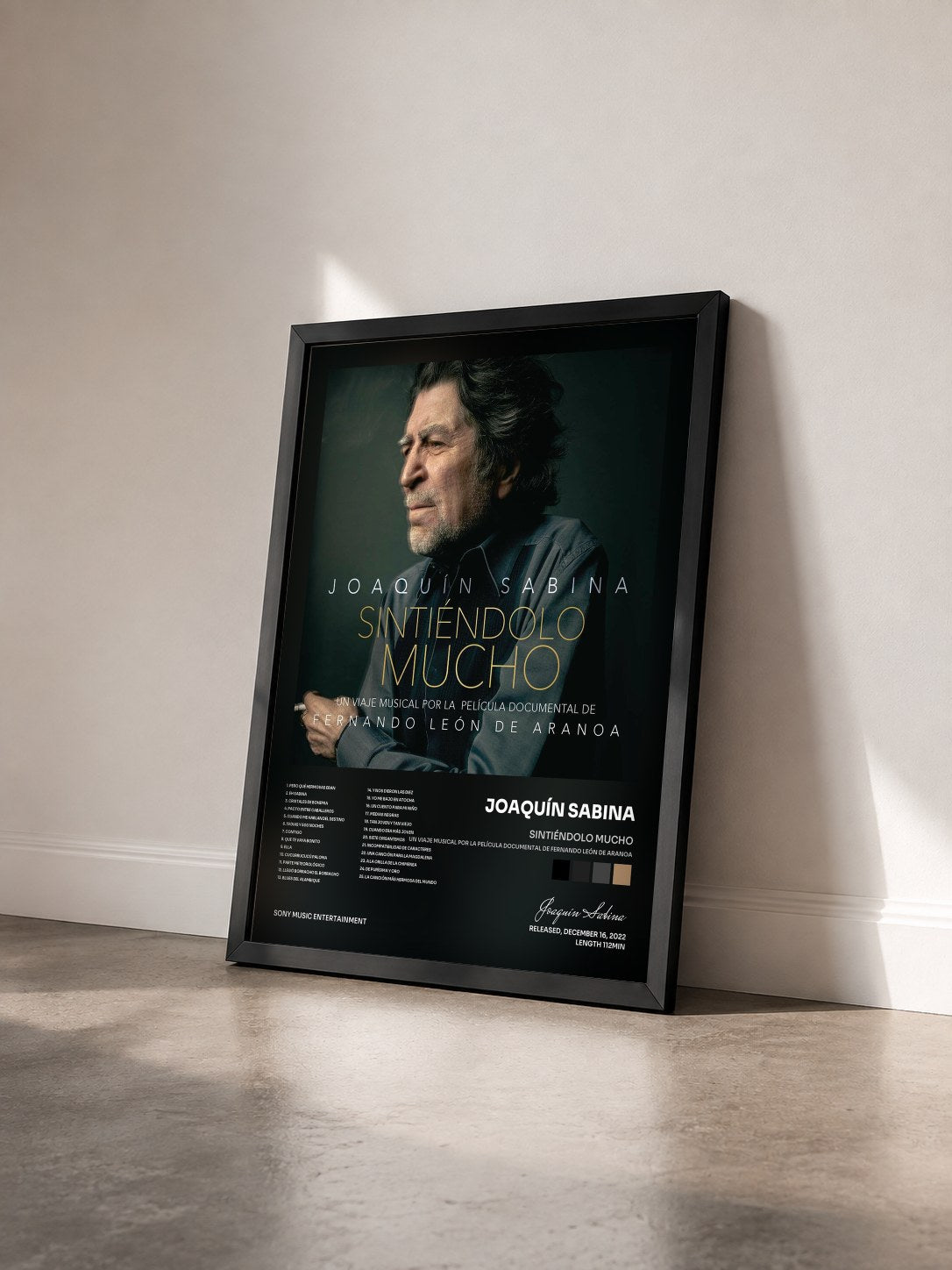 #noir Tableau de l'album Sintiéndolo Mucho (Un Viaje Musical por la Película Documental de Fernando León de Aranoa) de Joaquín Sabina vu de trois quarts, cadre noir
