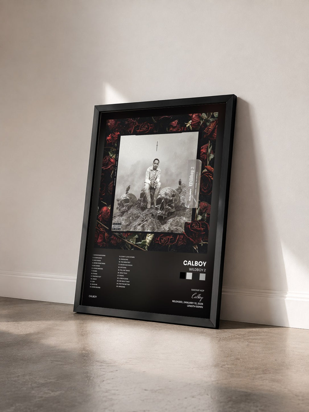 #noir Tableau de l'album Wildboy 2 de Calboy vu de trois quarts, cadre noir