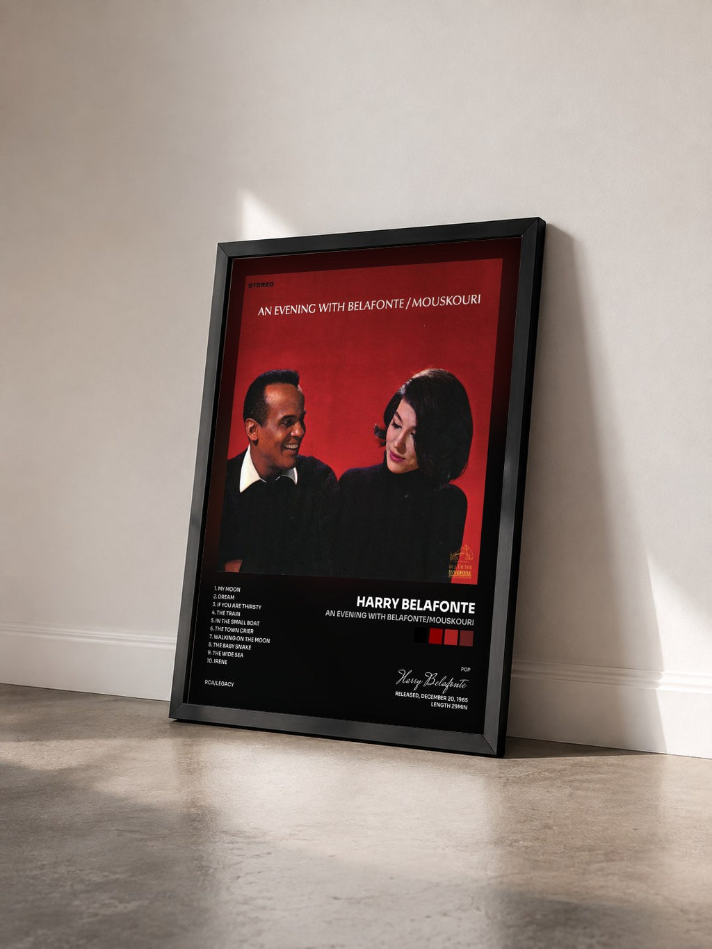 #noir Tableau de l'album An Evening With Belafonte/Mouskouri de Harry Belafonte vu de trois quarts, cadre noir