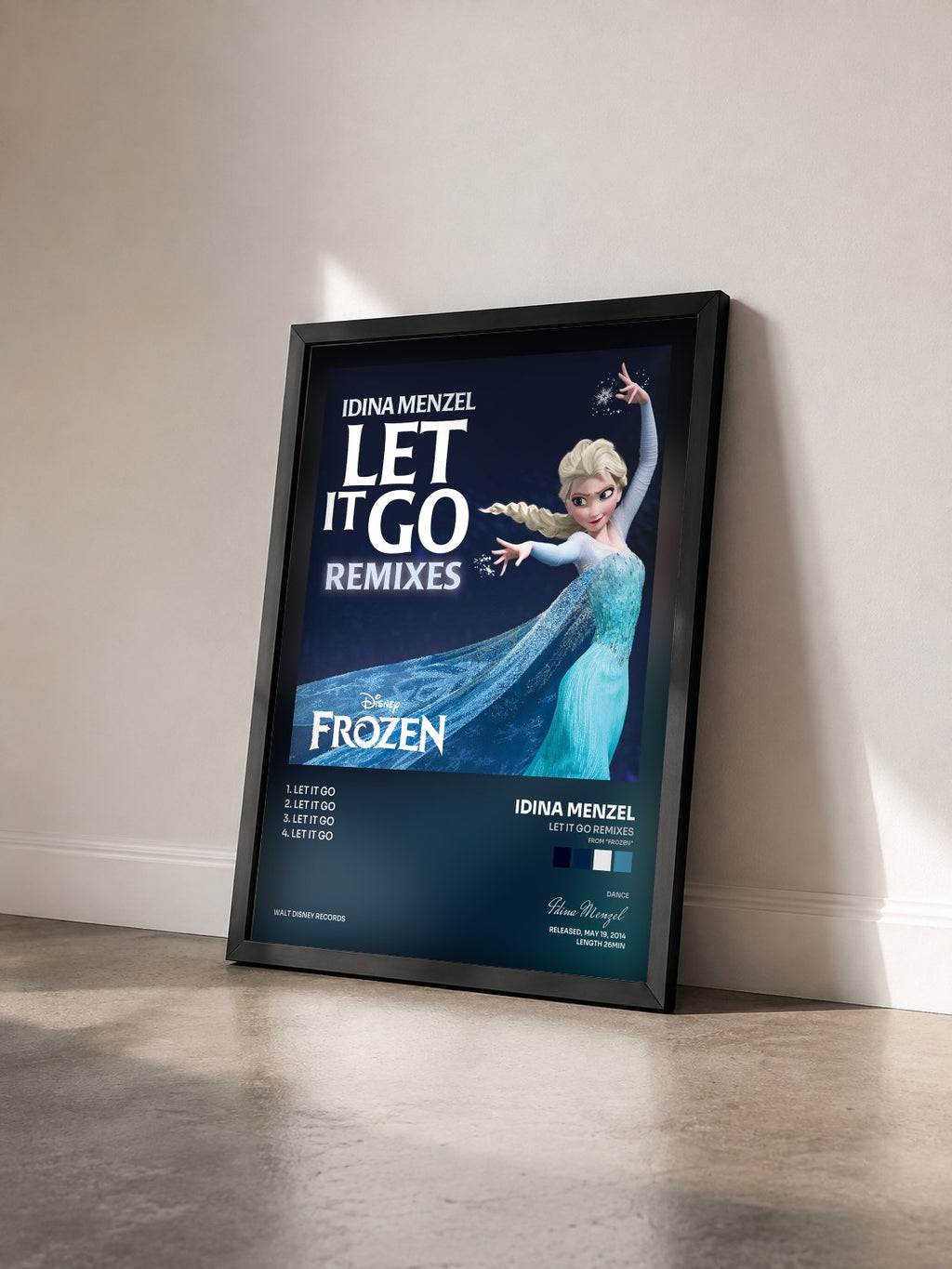 #noir Tableau de l'album Let It Go Remixes (From "Frozen") de Idina Menzel vu de trois quarts, cadre noir
