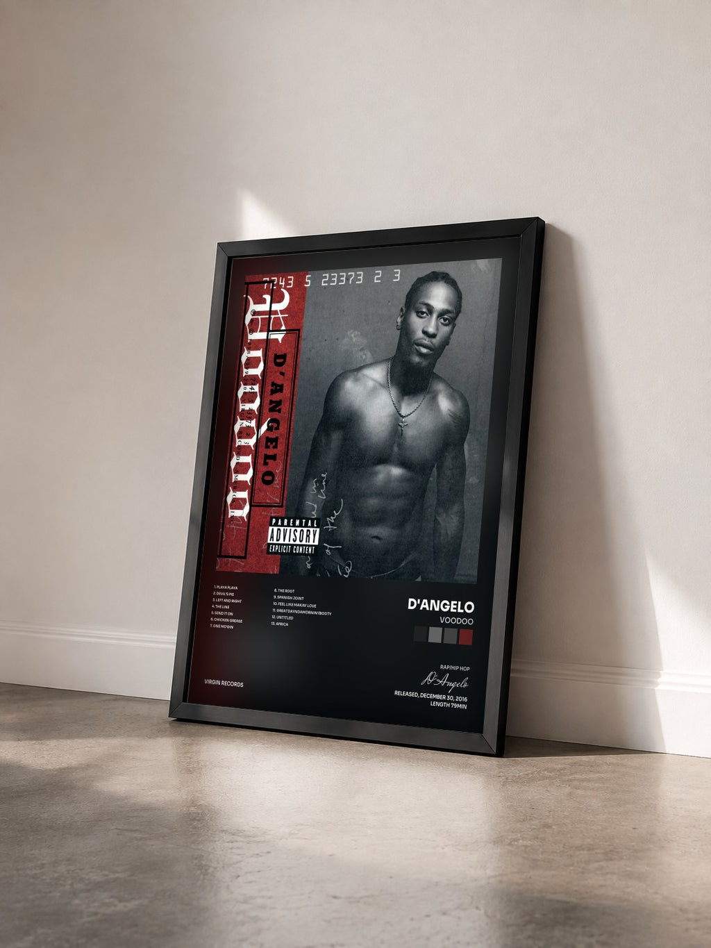 #noir Tableau de l'album Voodoo de D'Angelo vu de trois quarts, cadre noir