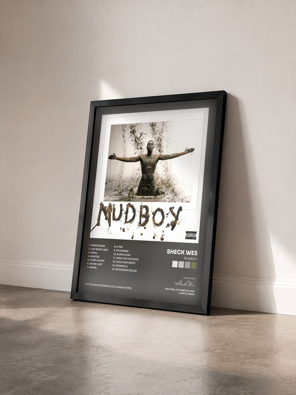 #noir Tableau de l'album MUDBOY de Sheck Wes vu de trois quarts, cadre noir