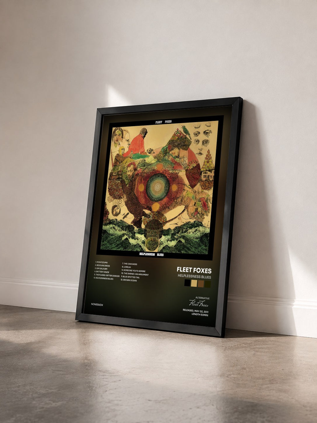 #noir Tableau de l'album Helplessness Blues de Fleet Foxes vu de trois quarts, cadre noir