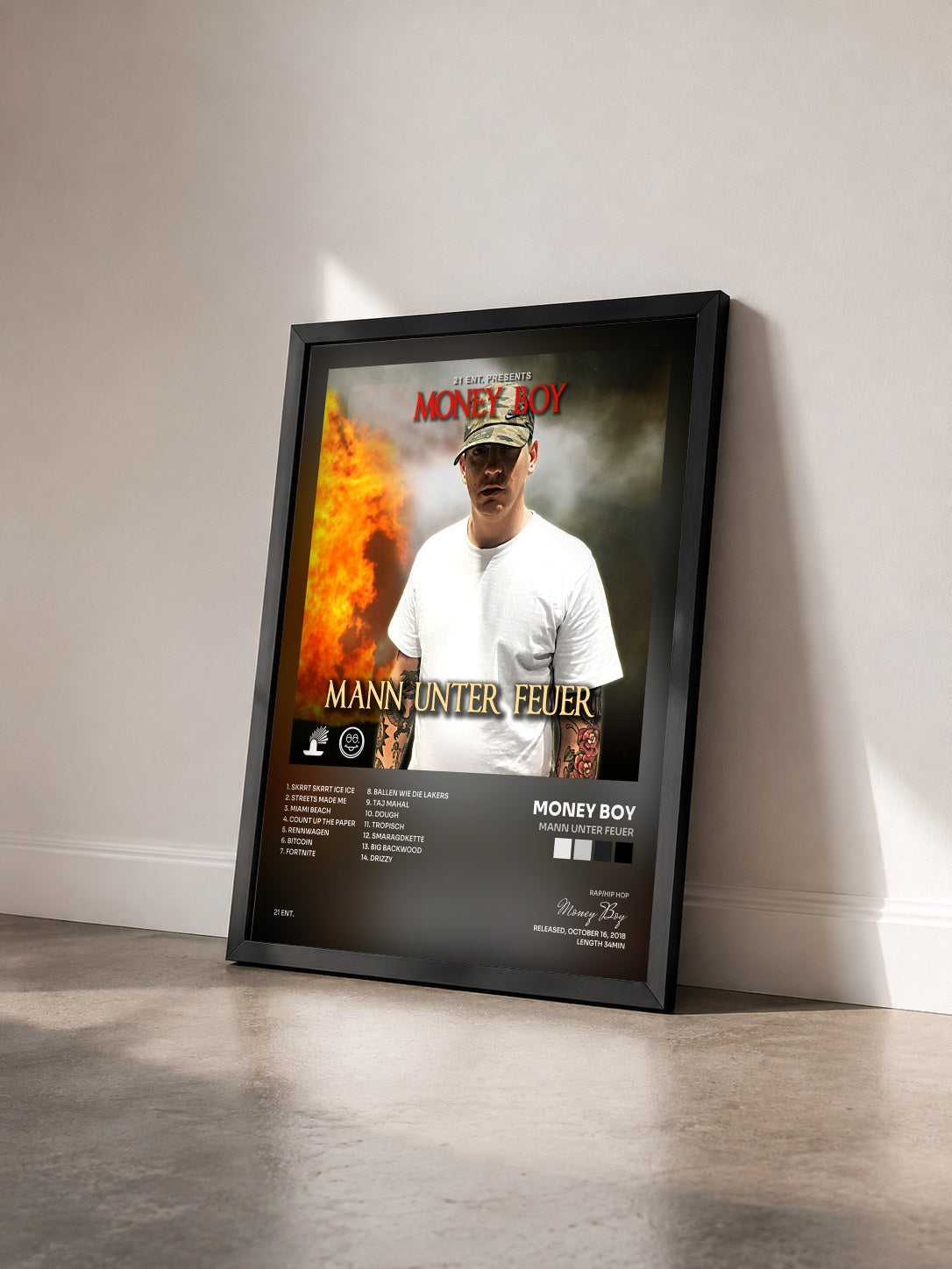 #noir Tableau de l'album Mann unter Feuer de Money Boy vu de trois quarts, cadre noir