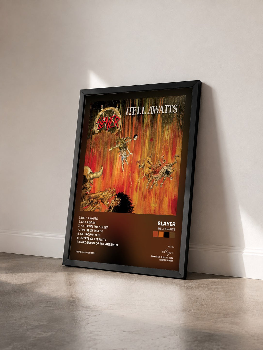 #noir Tableau de l'album Hell Awaits de Slayer vu de trois quarts, cadre noir