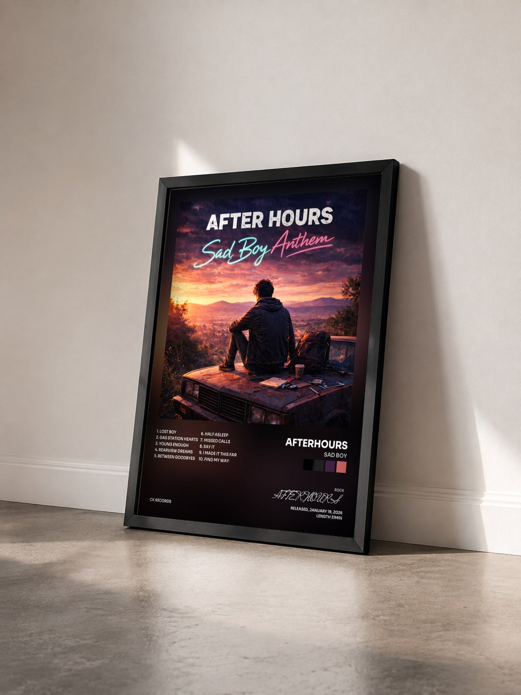#noir Tableau de l'album Sad Boy de AFTERHOURS vu de trois quarts, cadre noir