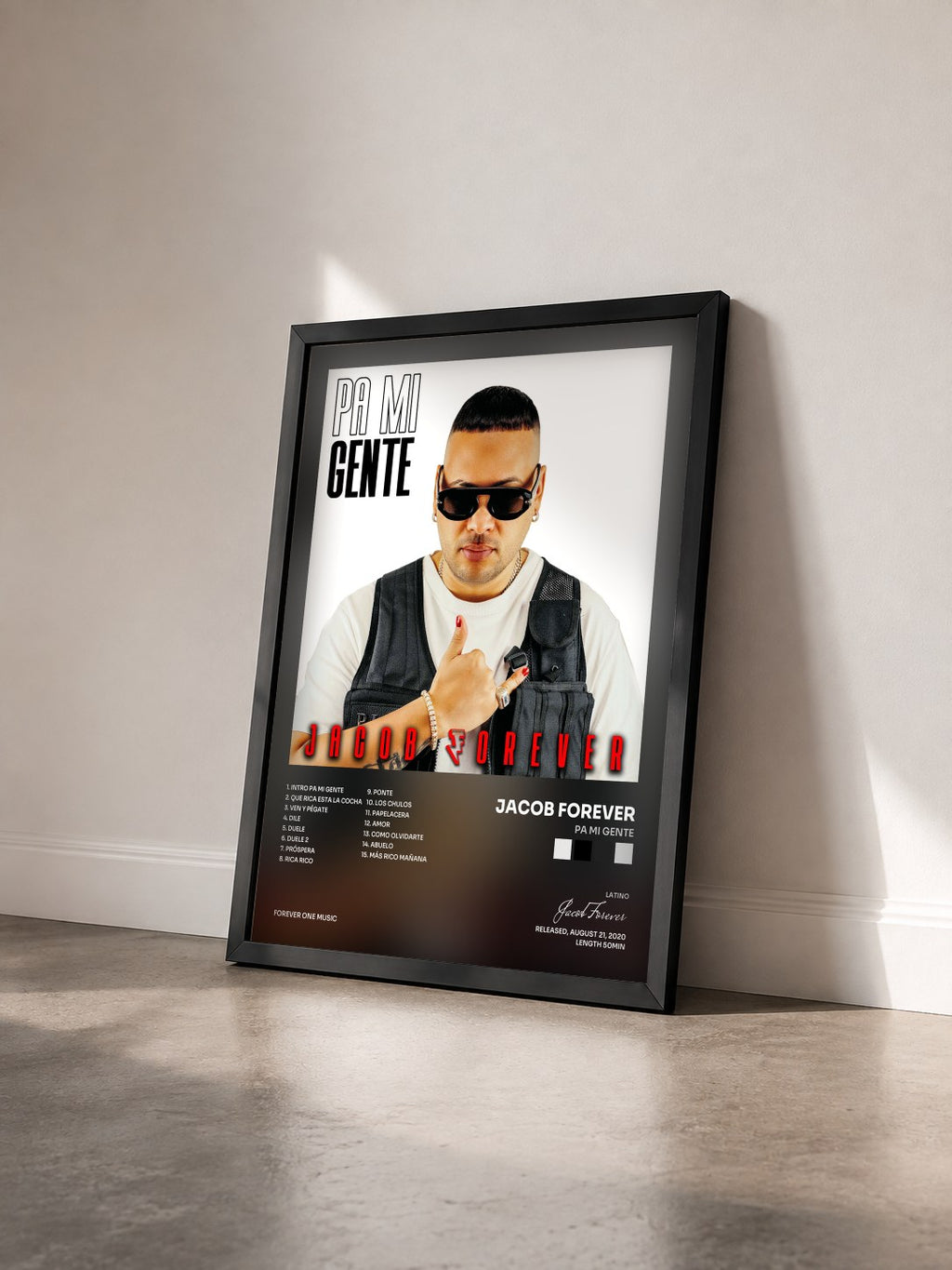 #noir Tableau de l'album Pa Mi Gente de Jacob Forever vu de trois quarts, cadre noir