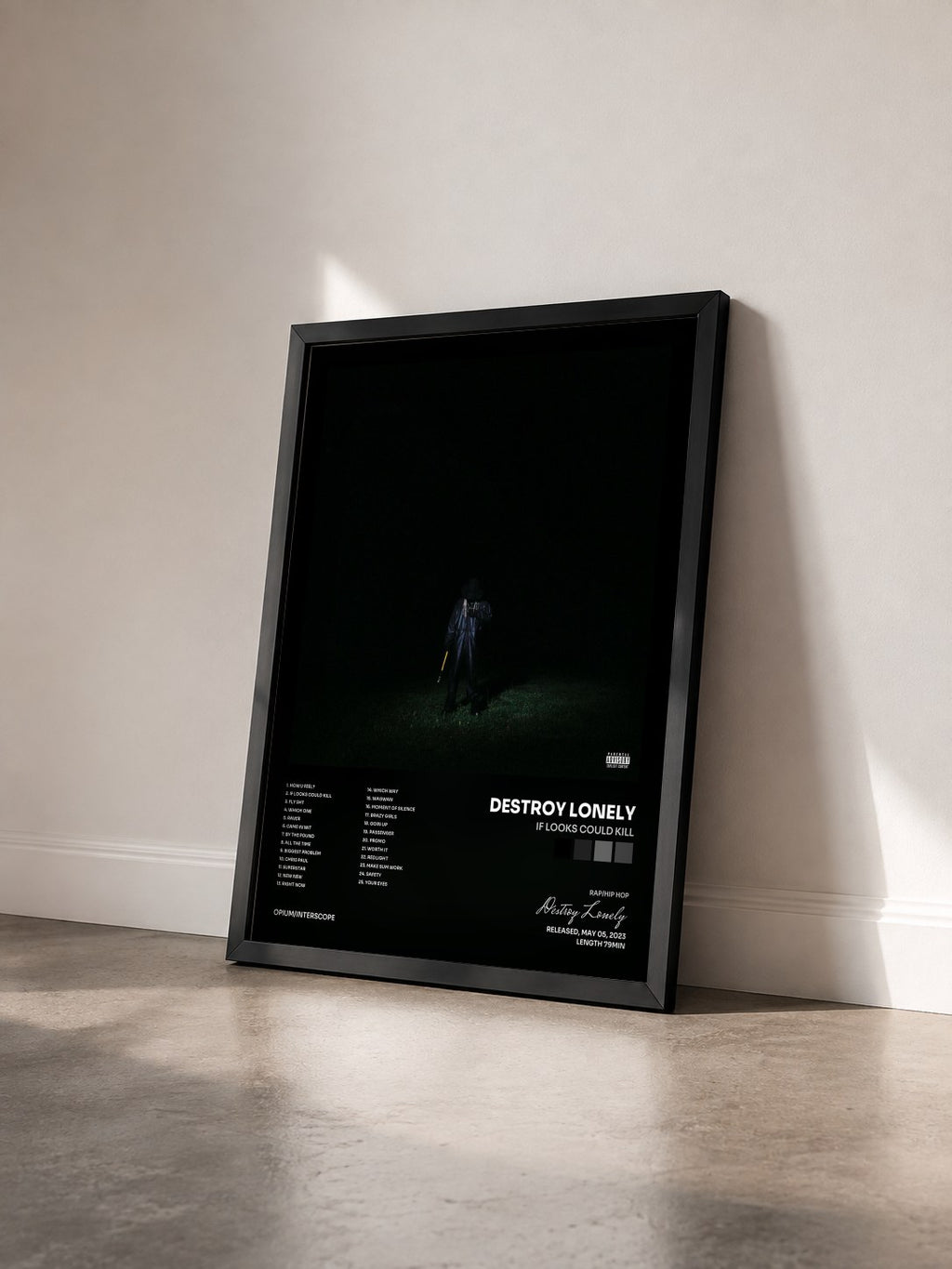#noir Tableau de l'album If Looks Could Kill de Destroy Lonely vu de trois quarts, cadre noir