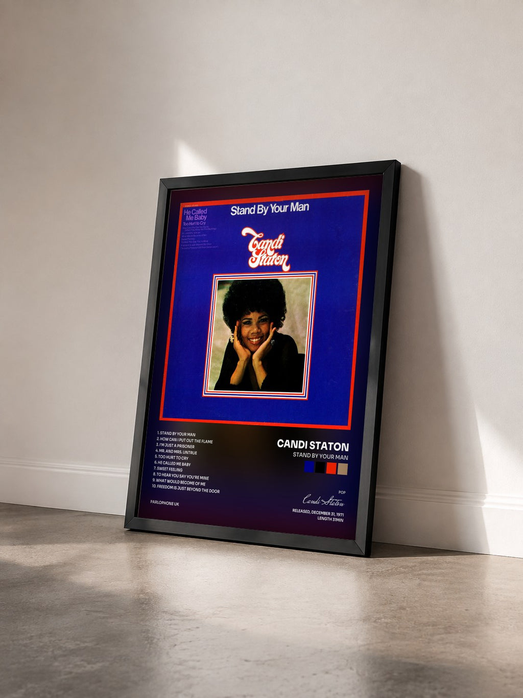 #noir Tableau de l'album Stand By Your Man de Candi Staton vu de trois quarts, cadre noir