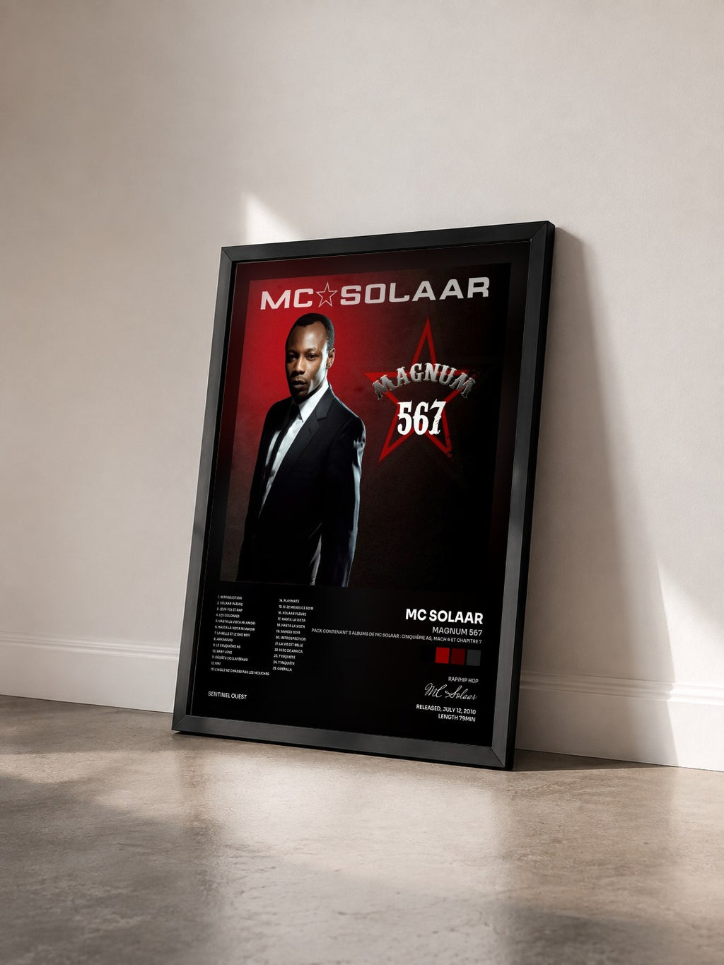 #noir Magnum 567 (Pack contenant 3 albums by MC Solaar : Cinquième As, Mach 6 et Chapitre 7) de MC Solaar as a framed art print seen at an angle, black frame