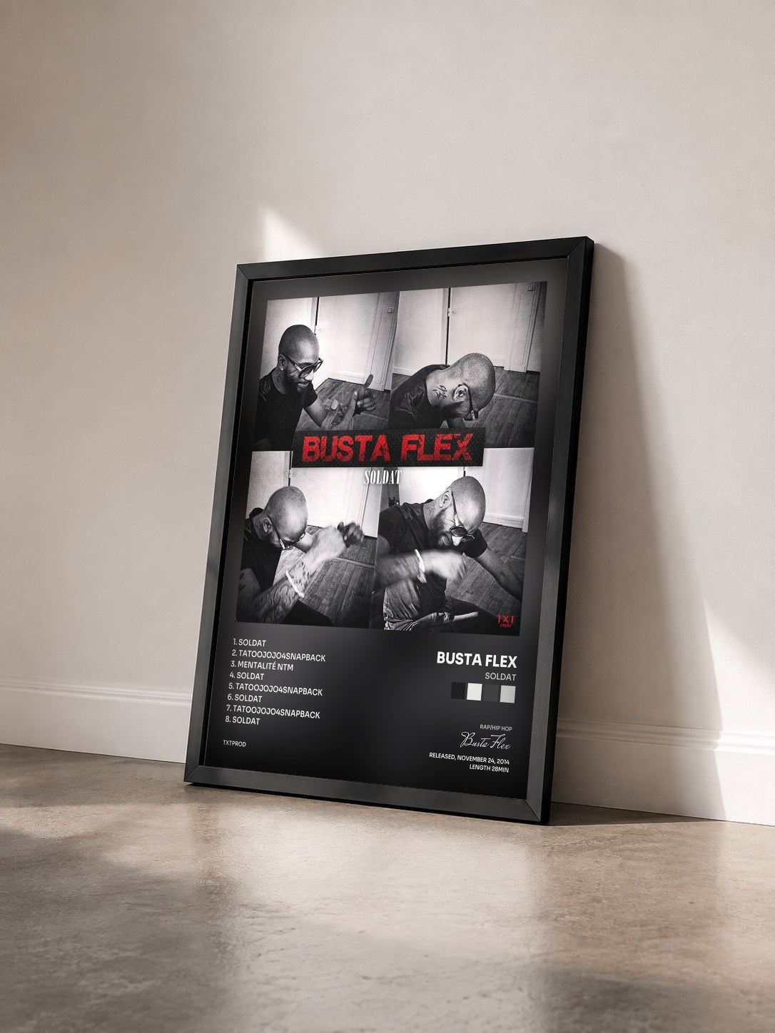 #noir Tableau de l'album Soldat de Busta Flex vu de trois quarts, cadre noir