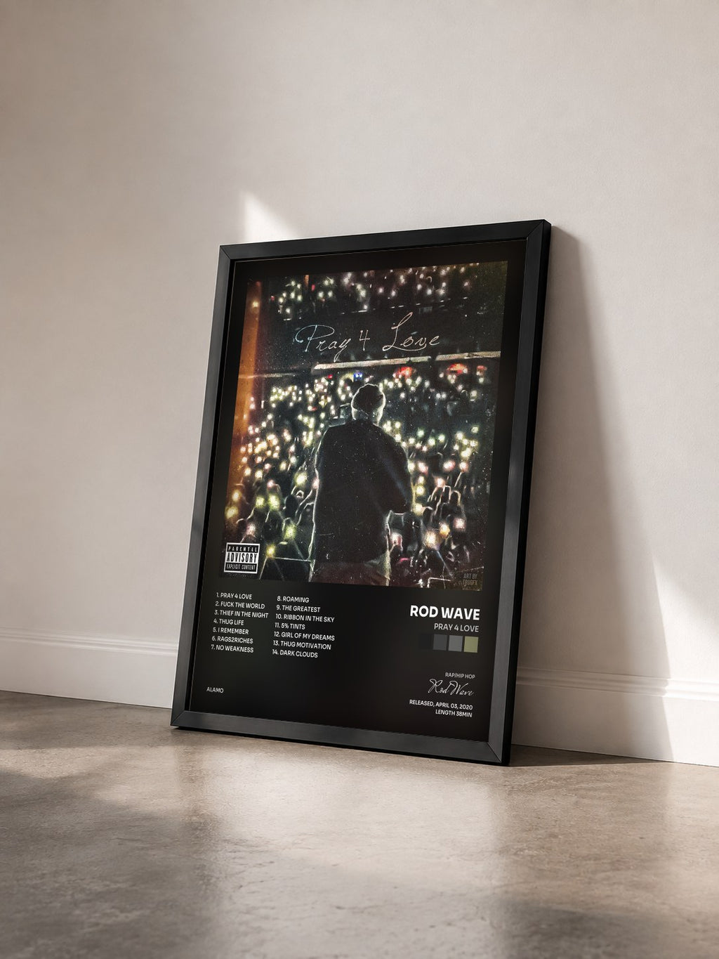 #noir Tableau de l'album Pray 4 Love de Rod Wave vu de trois quarts, cadre noir