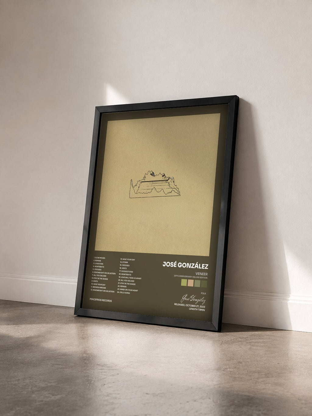 #noir Tableau de l'album Veneer(20th Anniversary Deluxe Edition) de José González vu de trois quarts, cadre noir