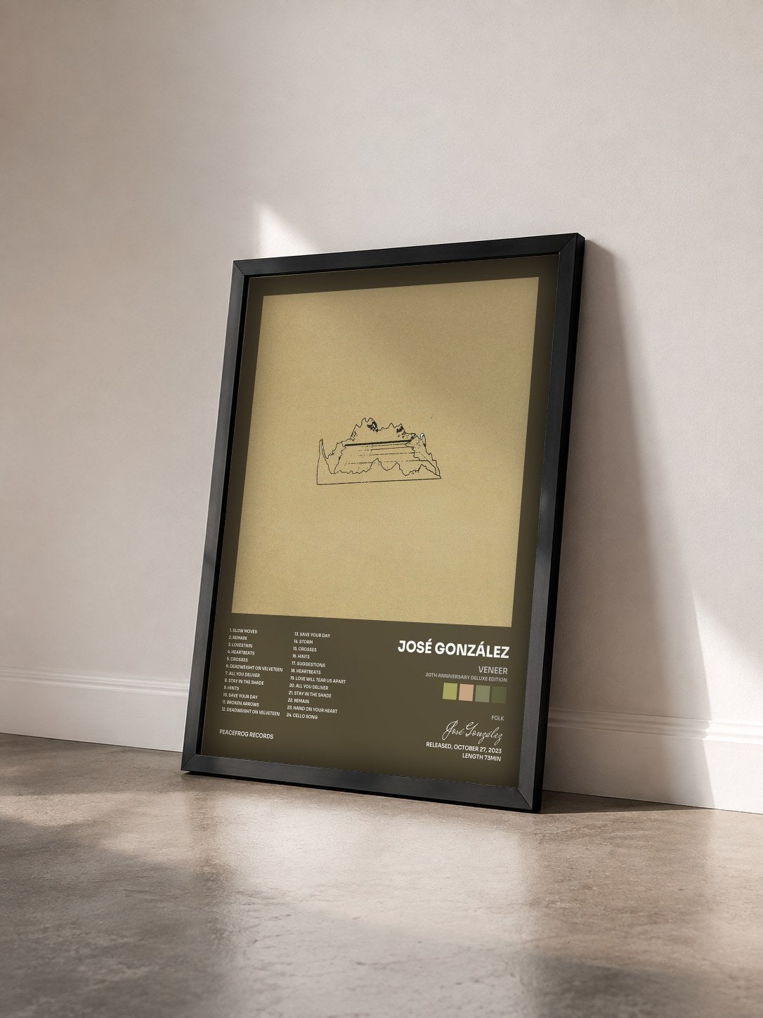 #noir Tableau de l'album Veneer(20th Anniversary Deluxe Edition) de José González vu de trois quarts, cadre noir