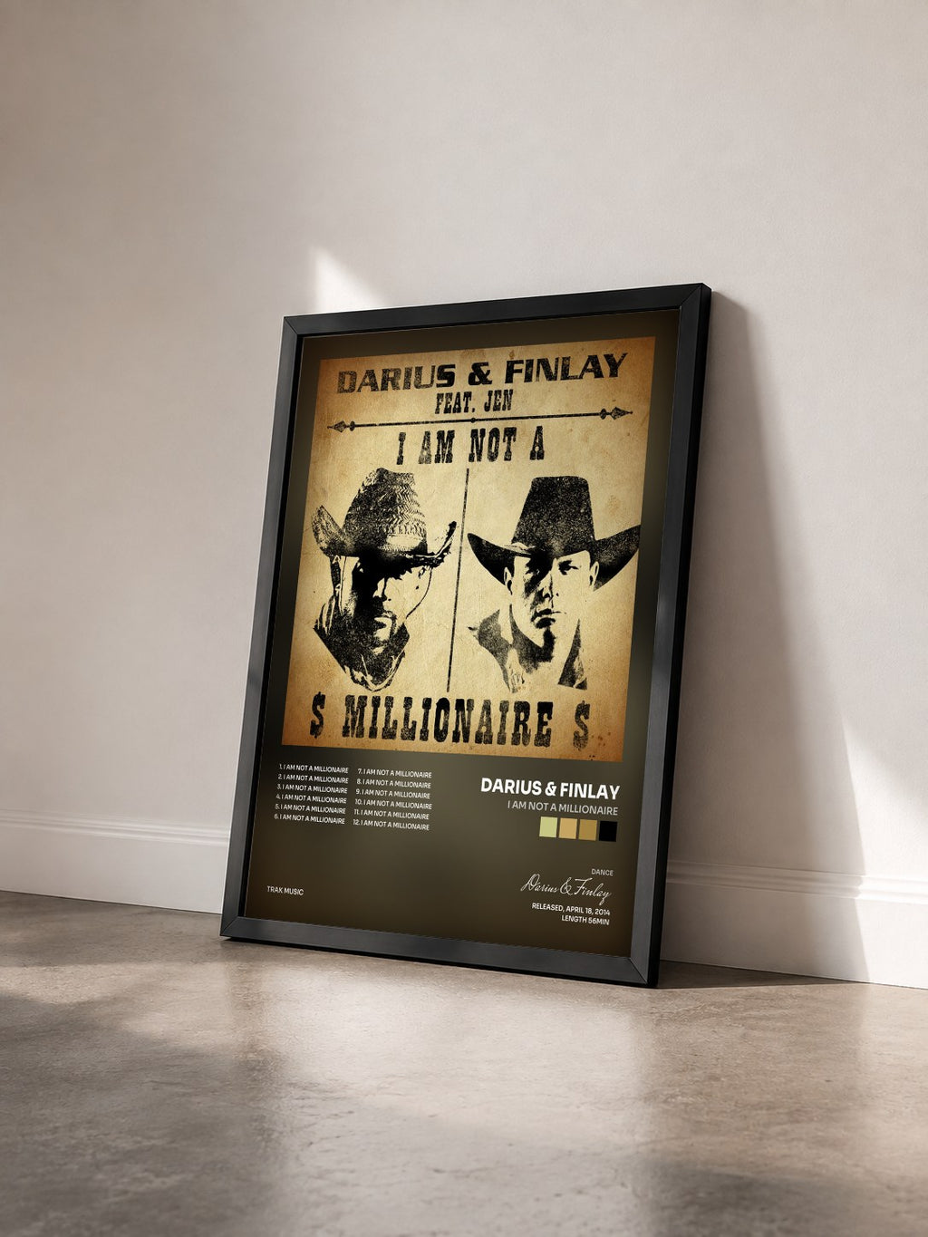 #noir Tableau de l'album I Am Not a Millionaire de Darius & Finlay vu de trois quarts, cadre noir