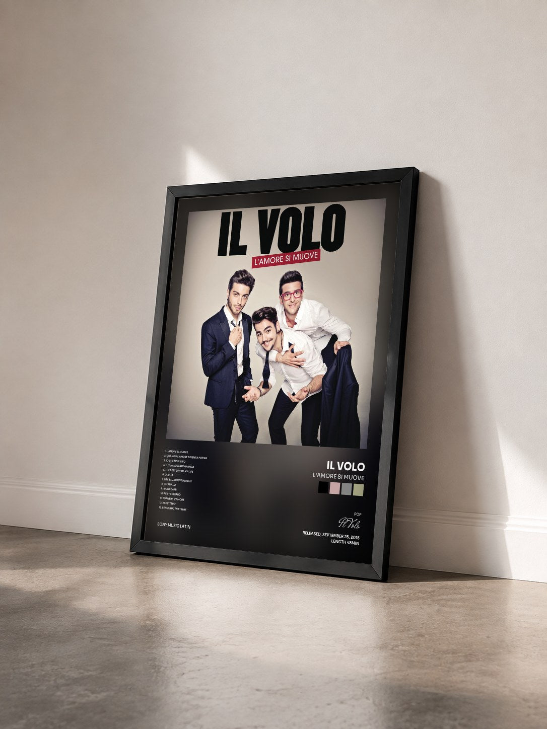 #noir Tableau de l'album L'amore si muove de Il Volo vu de trois quarts, cadre noir