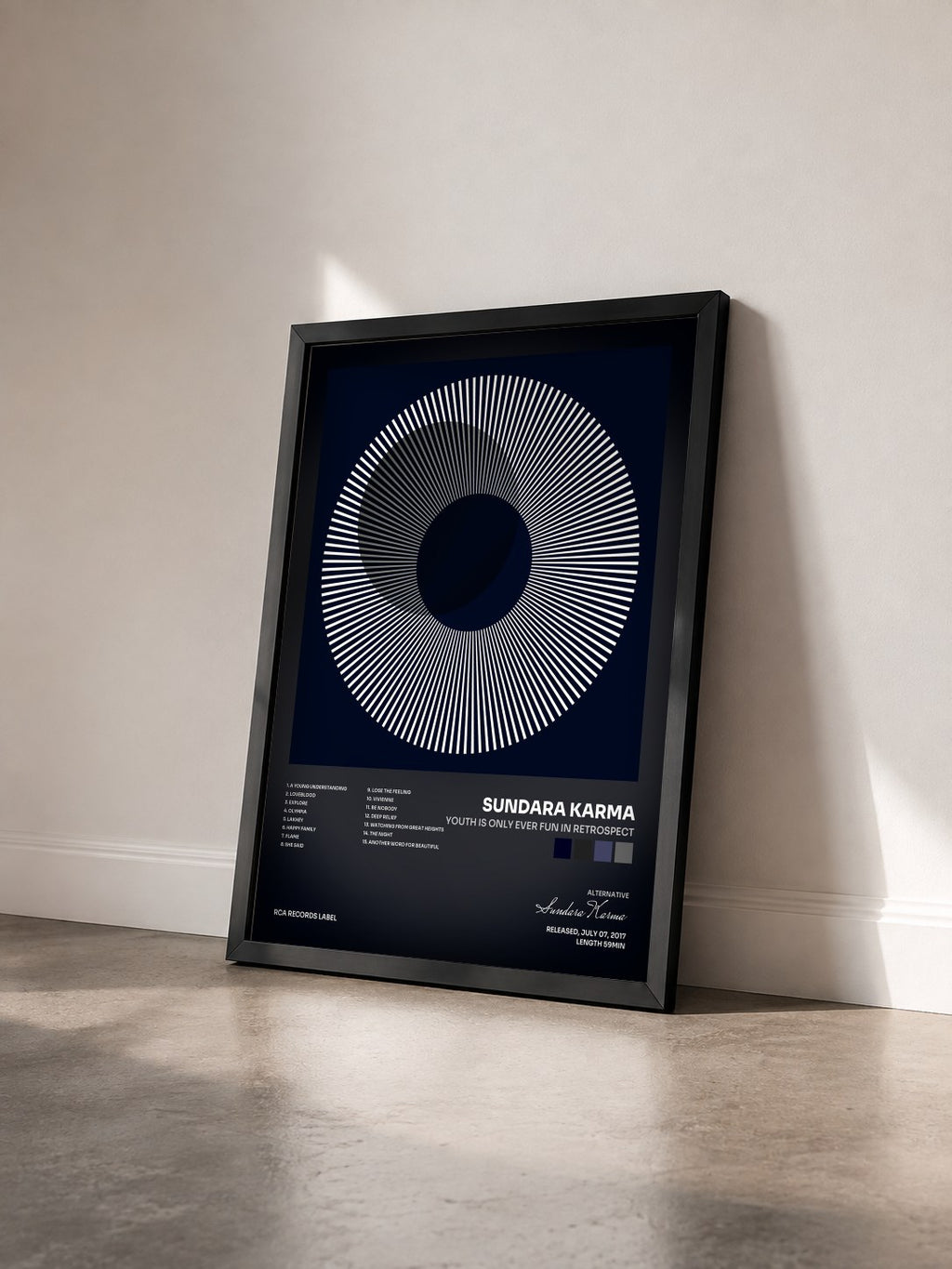 #noir Tableau de l'album Youth is Only Ever Fun in Retrospect de Sundara Karma vu de trois quarts, cadre noir