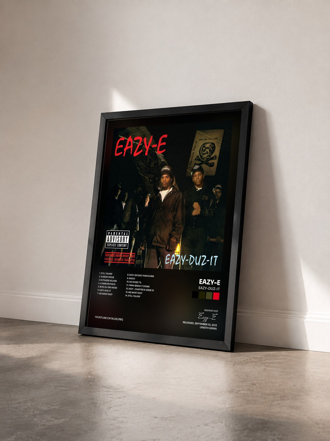#noir Tableau de l'album Eazy-Duz-It de Eazy-E vu de trois quarts, cadre noir