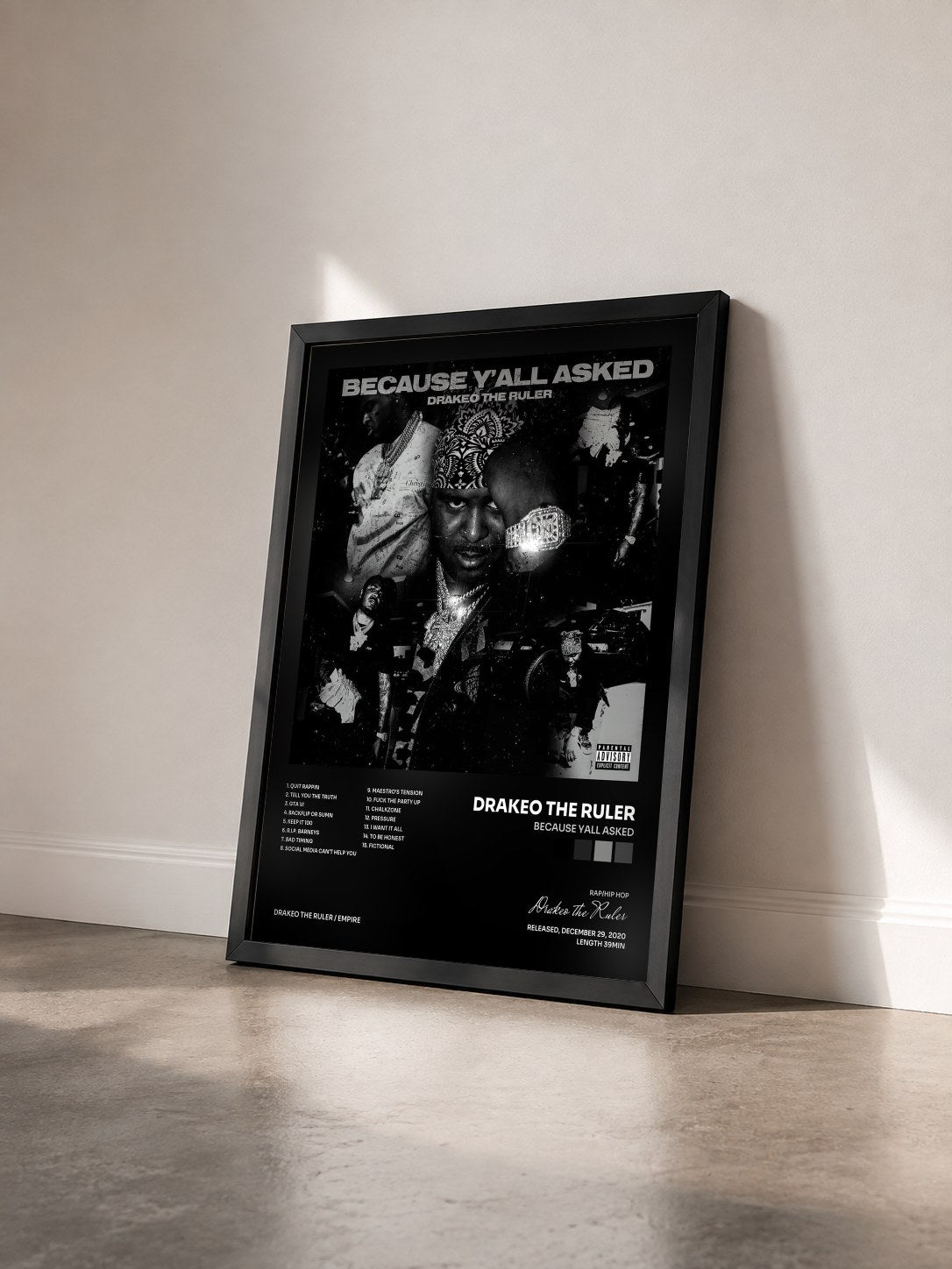 #noir Tableau de l'album Because Yall Asked de Drakeo the Ruler vu de trois quarts, cadre noir